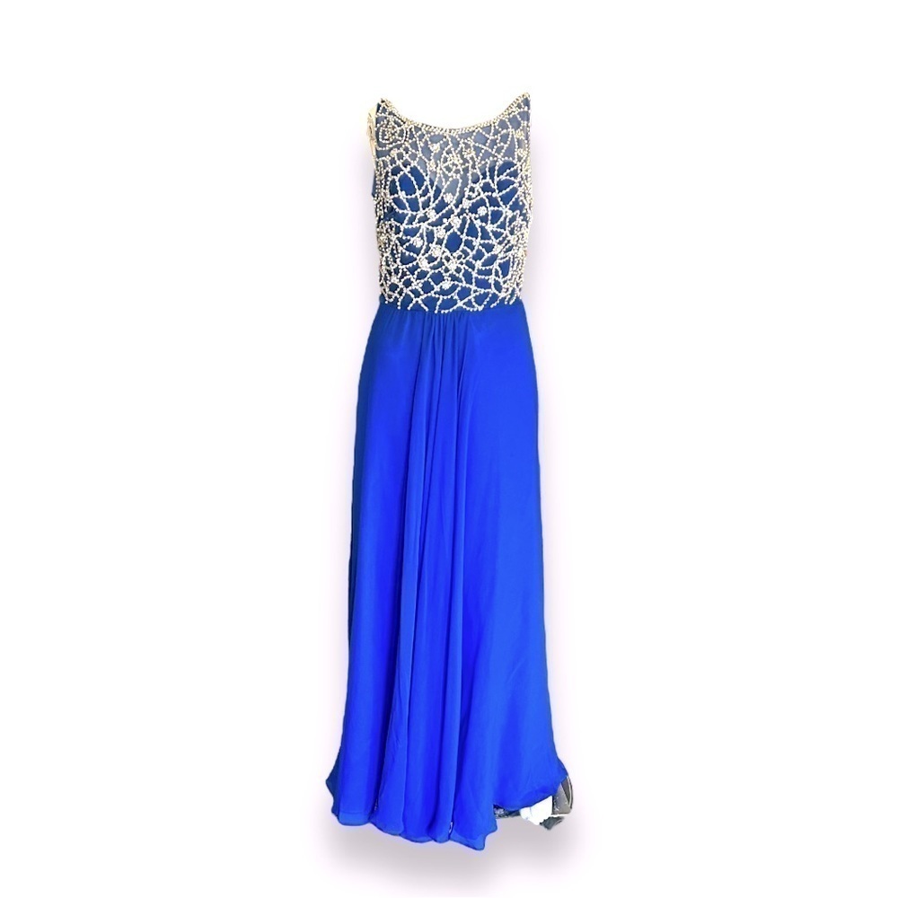 Vintage Tiffany Evening Gown Royal Blue Diamond Beading Long Chiffon Dress L